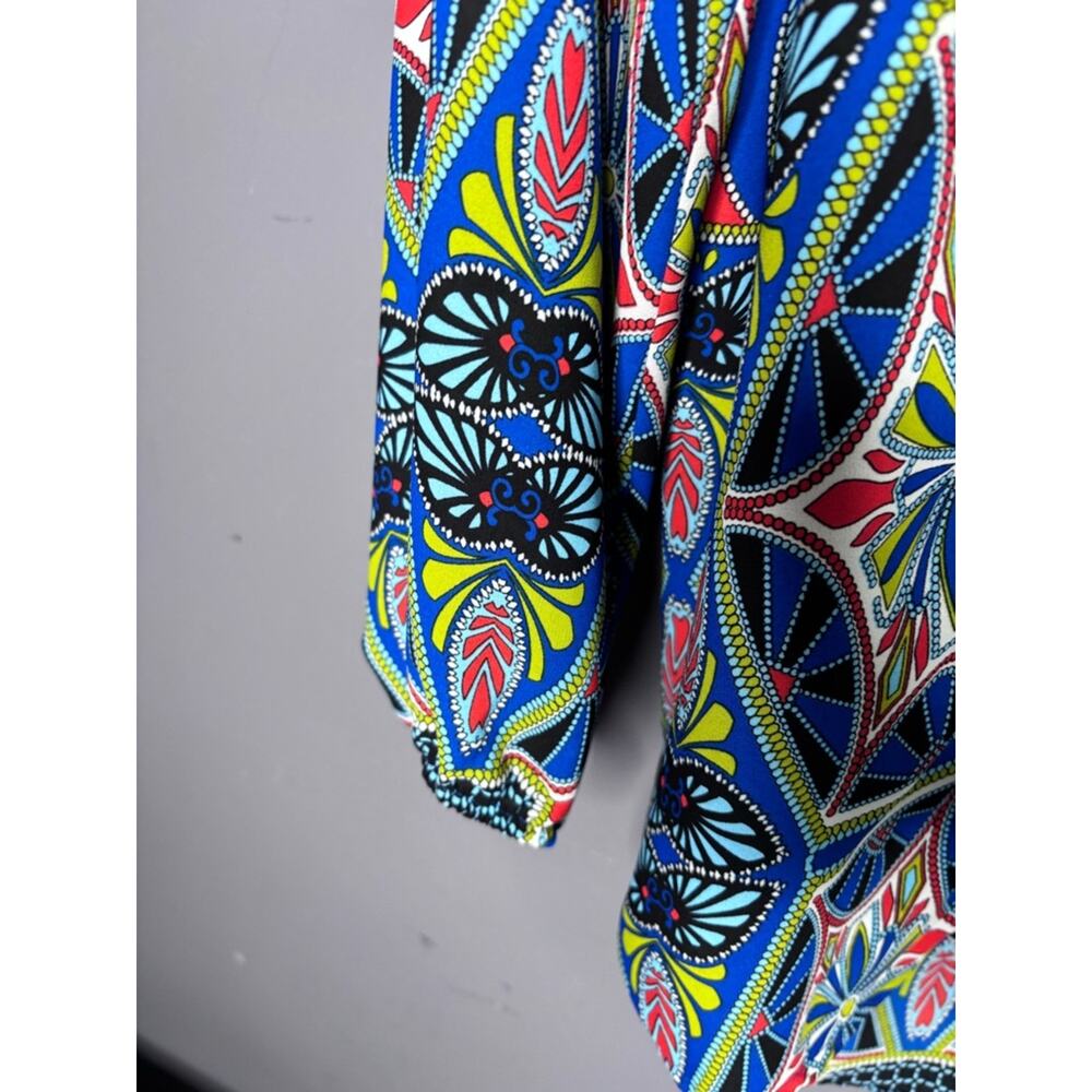 Collective Concepts Blue Green Print Balloon Sleeve Blouse Small - Picture 4 of 6